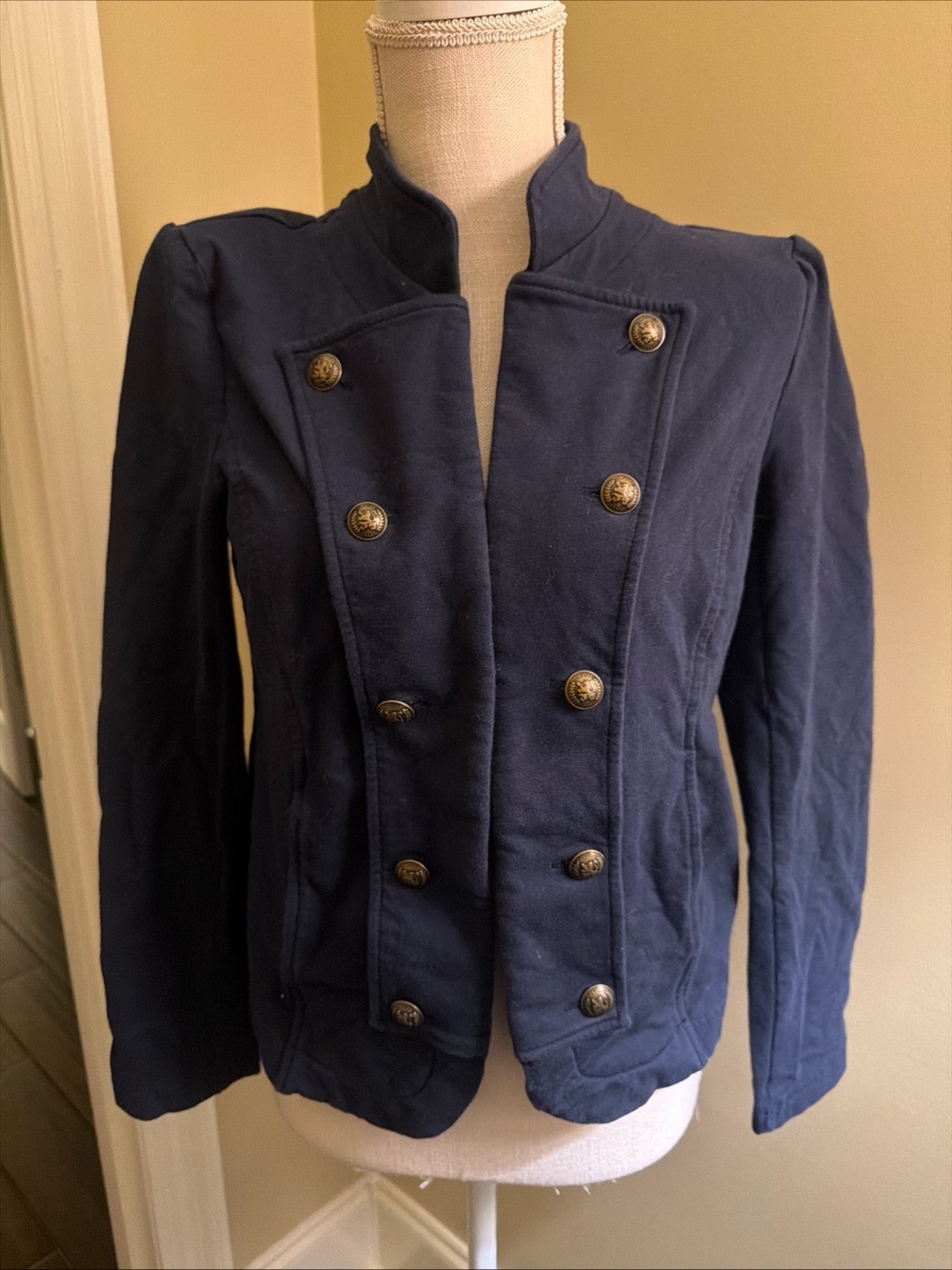 Tommy Hilfiger Navy Military Band Jacket M Gold Lion Crest Buttons Knit Blazer